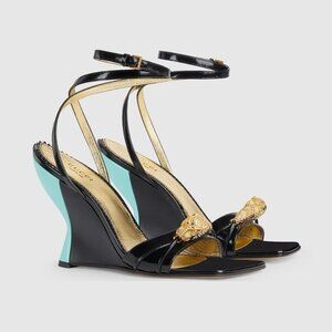 NEW GUCCI  Regent Calfskin Crystal Snake Head Sandals Sz 37.5 Black Blue Shoes